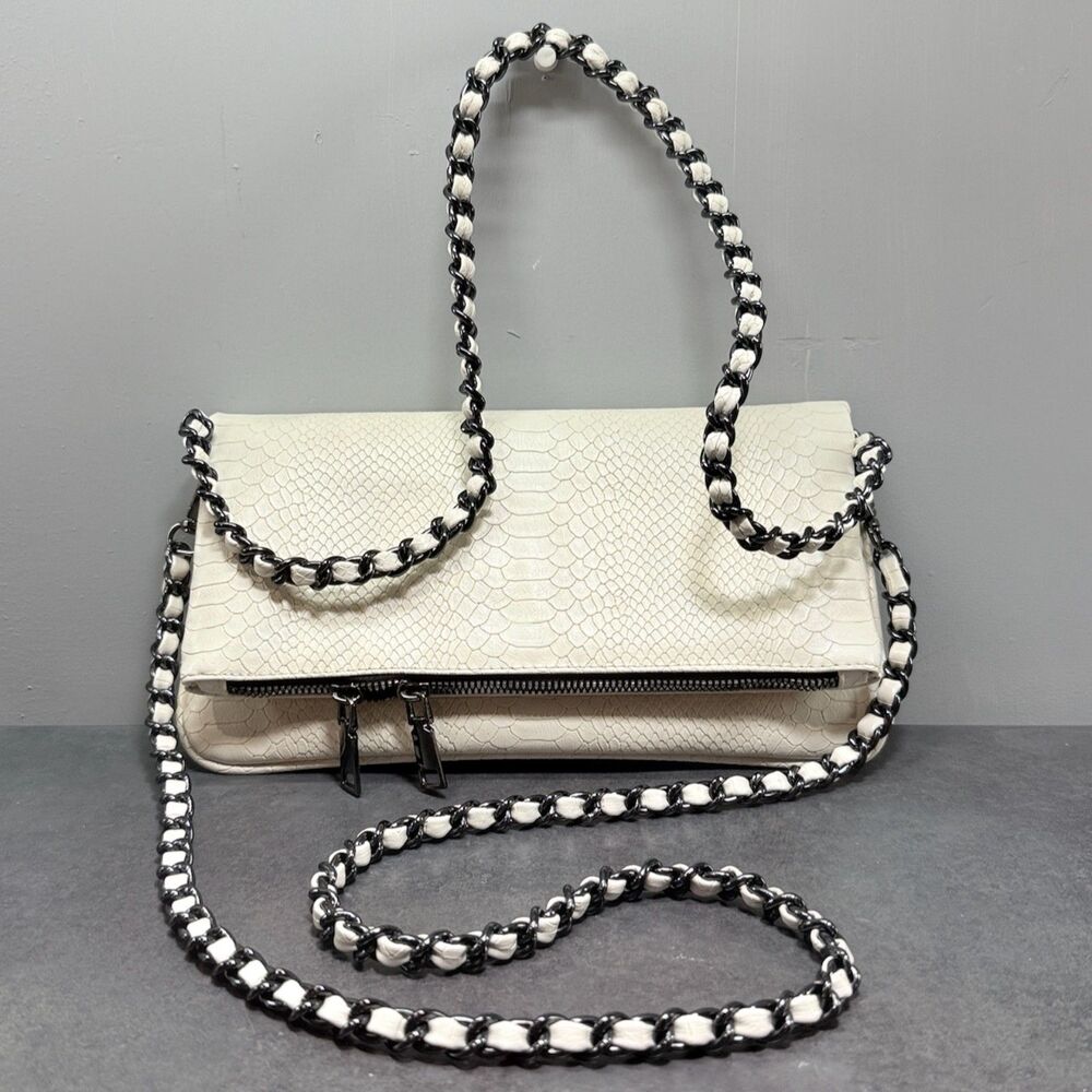 Onyx Chain Foldover Shoulder Bag Ivory Snakeskin Small Crossbody